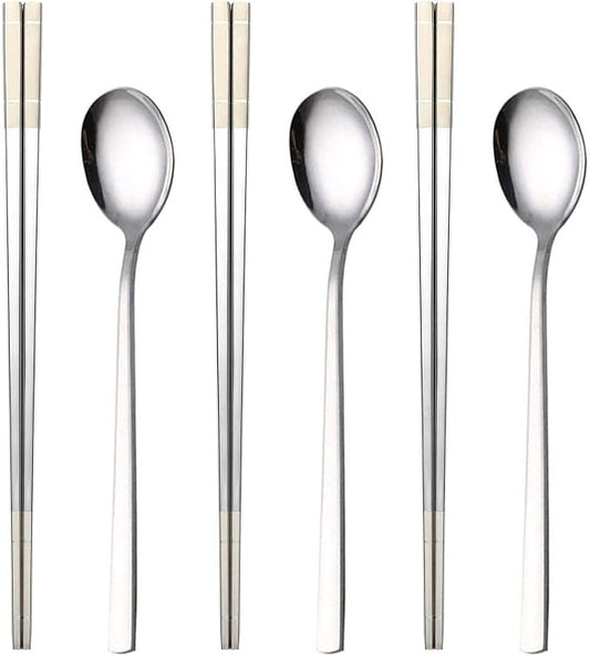 Reusable Korean Chopstick and Spoon Set, Long Handle Stainless Steel Soup Spoon and Chopsticks, Dishwasher Safe, Set of 3. (Silver)