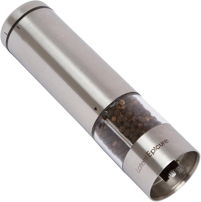 Latent Epicure Electric Salt and Pepper Grinder Set, USB-C Rechargeable | Stainless steel mills with LED light, Adjustable ceramic grinders, One-handed use, Rest tray & gift box included