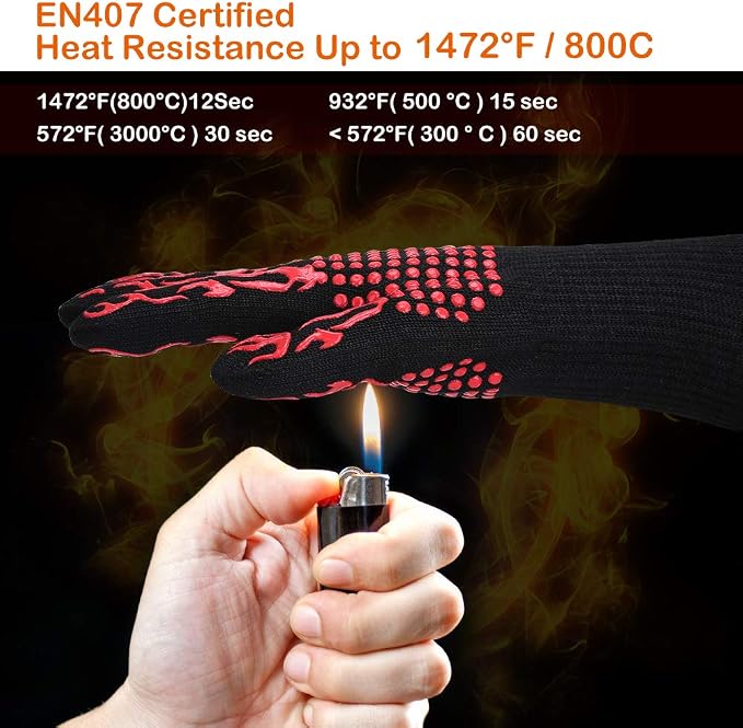 BBQ Grill Gloves, 1472°F Extreme Heat Resistant Grilling Gloves Non-Slip Oven Mitts Potholder, Perfect for Barbecue, Cooking, Baking, Fireplace, Smoker - 1 Pair (Red)