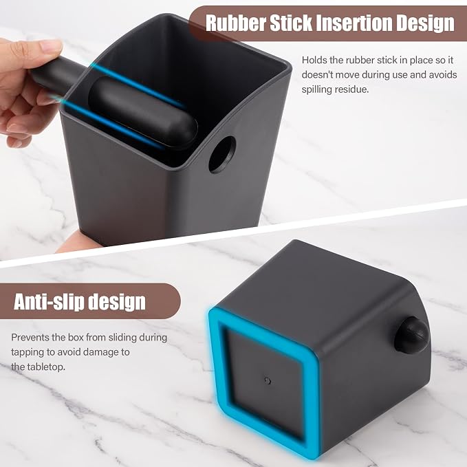 HOMEE Espresso Knock Box,Rectangular Coffee Knock Box with Large Capacity and Non-Slip Base, Grounds Container with Removable Bar,Espresso Accessories for Coffee Bar Kitchen Counter,Black