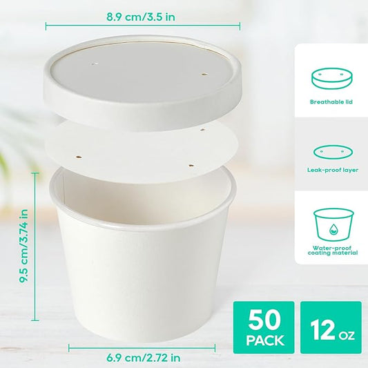 JOLLY PARTY 50pack 12oz Paper Soup Containers with Lids, Disposable Paper Food Cups, Ice Cream Cups, Food Storage with Lids, Microwavable and Freezer Safe, Suitable for Christmas Thanksgiving(White)