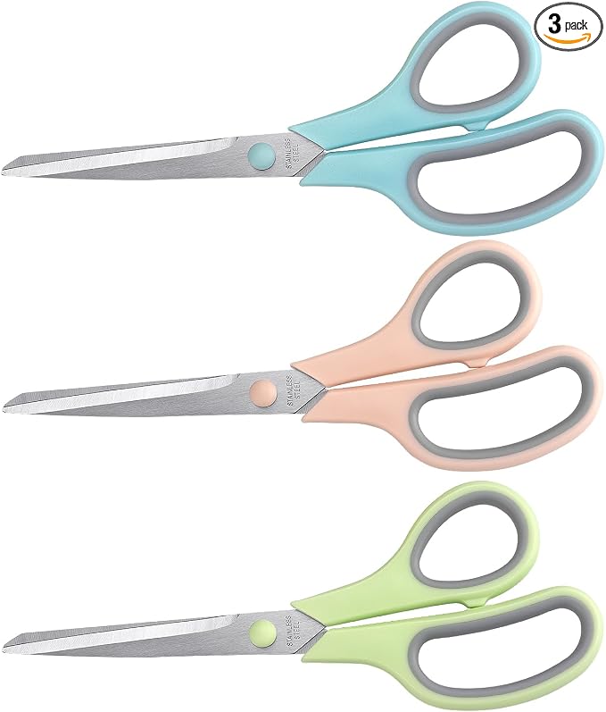 LONGKEY 8.5" Pastel Scissors 3-Pack, Ultra Sharp Stainless Steel, Gray | Soft Comfort-Grip Right/Left Hand