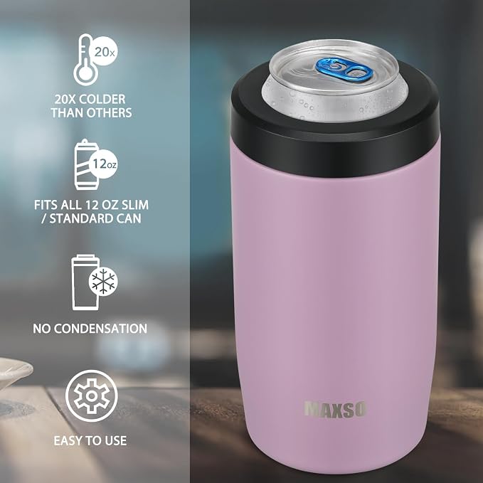 4-in-1 Slim Can Cooler Easy to Hold Insulated Beer Can Holder Double-walled Stainless Steel for All 12 Oz Cans (Purple)