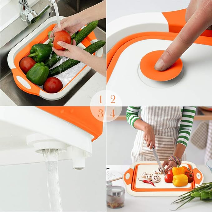 Rottogoon Collapsible Cutting Board, Foldable Chopping Board with Colander, Multifunctional Kitchen Vegetable Washing Basket Silicone Dish Tub for BBQ Prep/Picnic/Camping(Orange)