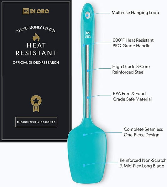 DI ORO Silicone Spoon Spatula - Forever Warranty - 600°F Heat-Resistant Large Silicone Spoonula Scraper - BPA Free Nonstick Cookware Safe Rubber Kitchen Utensil for Baking, Cooking, & Mixing (Teal)