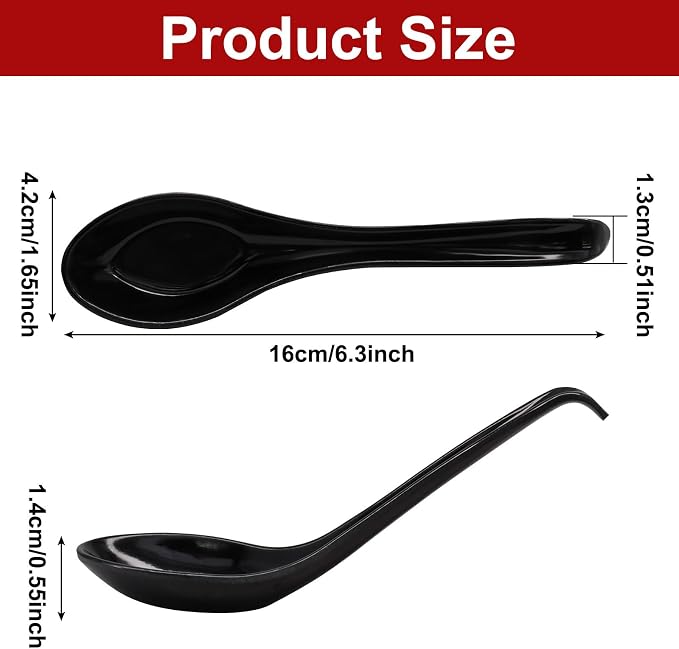 12 Pcs Soup Spoons Long Handle with Hook, Black | Asian Soup Spoons, For Chinese Japanese Dishes, Miso Ramen Dumpling Pho, Rice Noodle & Soba Soup