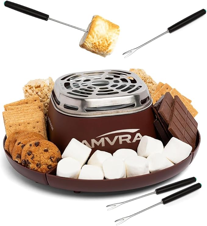 AMVRA Indoor Electric S'Mores Maker Smores Kit with 4 Stainless Steel Marshmallow Roasting Sticks and 4 Trays for Graham Crackers, Chocolate, and Marshmallows - Movie Night Supplies - Brown