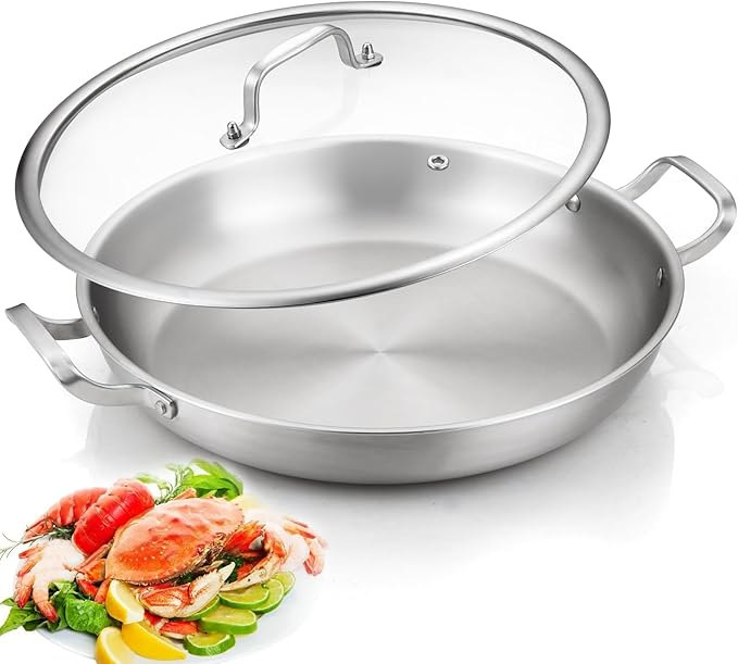 DELARLO Paella Pan 14 Inch Tri-Ply Stainless Steel Paella Pan with Lid, Jumbo Frying Pan, kitchen Induction Large Skillets,Great for Paella Parties Indoors Outdoors,Heavy Duty Style
