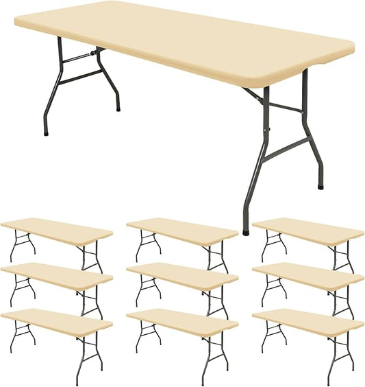 10 Pack Fitted Tablecloth for 8 Foot Rectangle Tables, Beige Elastic Outdoor Picnic Table Cover, Washable Stretch Folding Table Cloths 8 ft for Camping Party Patio Kitchen Banquet, 30" W x 96" L