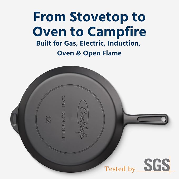 COOKLIFE 12 Inch Lightweight Pre-Seasoned Cast Iron Skillets - Smooth Polished Surface, Easy to Clean Cast Iron Pan Use in the Oven, on the Stove or Grill, Over a Campfire