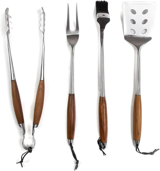 Schmidt Brothers - BBQ Bonded Teak 4 Piece Grilling Accessory Set, Full-Forged Stainless Steel Grilling Utensils Including Spatula, Fork, Basting Brush, and Tongs with All Wood Handles