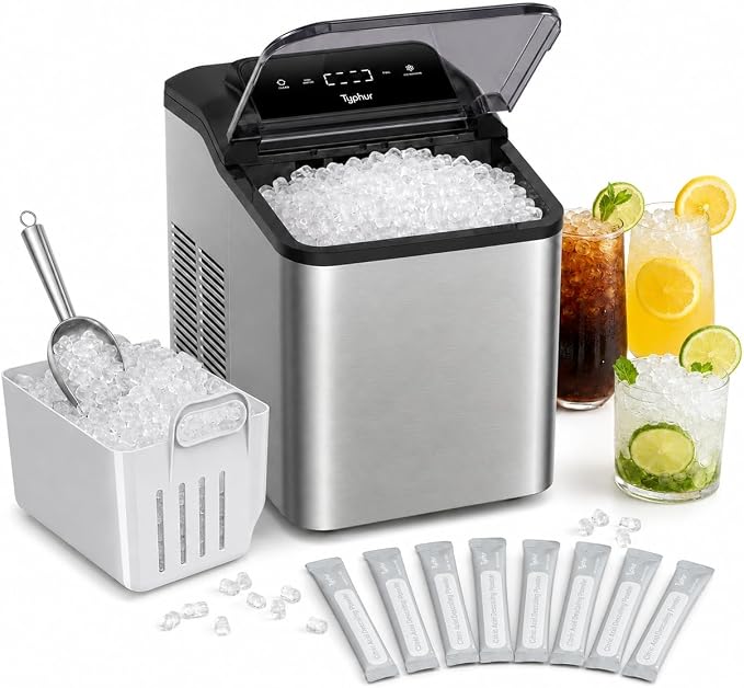 Typhur Fast Nugget Ice Maker, 35lbs/24H Pebble Chewable Ice Machine Countertop, Powerful Self-Cleaning Pump with 8-Pack Cleaner, Stainless Steel, Dual Ice Scoops for Camping, Home, RV