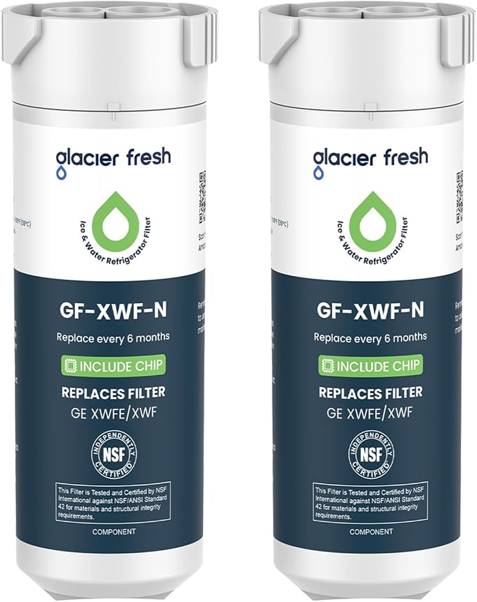GLACIER FRESH XWFE (Built-in CHIP) Refrigerator Water Filter Pack of 2 | Replacement for GE XWFE, XWF Refrigerator Water Filter NSF/ANSI 42 Certification