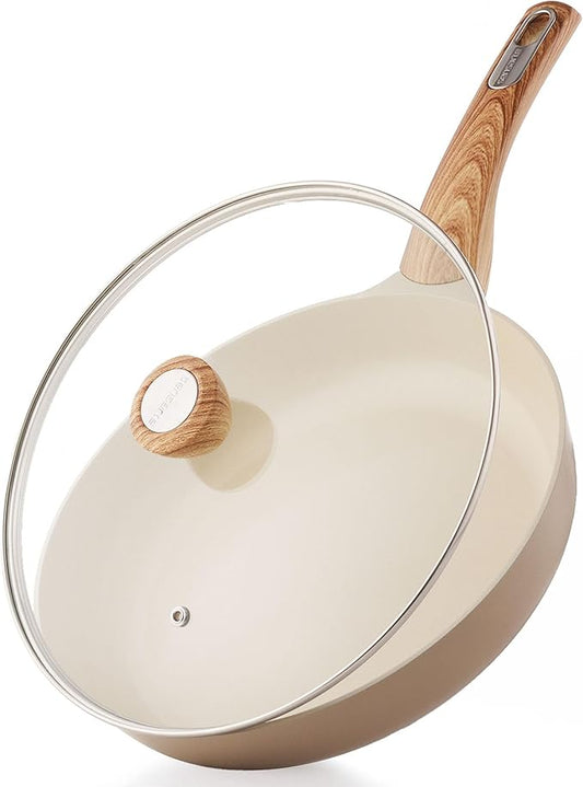 SENSARTE Ceramic Nonstick Frying Pan Skillet with Lid 11inch, Non Stick Pan Omelette Pans, Non-toxic Kitchen Cooking Chef's Pan, Free of Intentionally Added PFOA/PFAS/PTFE, Induction Compatible, Taupe