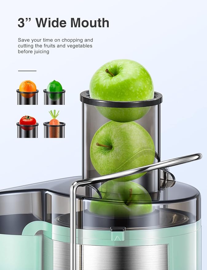 QCen Juicer Machine 500W Centrifugal Juicer with Extra Wide Feed Chute | For Fruits And Vegetables, Stainless Steel, BPA-Free Parts, Easy To Clean, Aqua, Compact Countertop Juicer