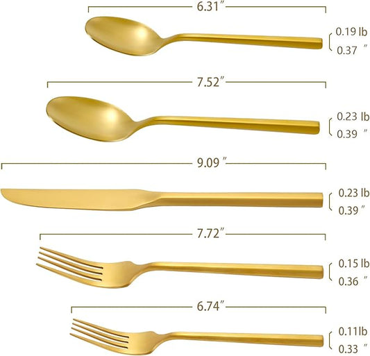 DEACORY Silverware Set Flatware Set Matte Gold Cutlery Set Brushed Brass Heavy Hexagon Handle Stainless Steel 40 Pieces Dishwasher Safe Service for 8