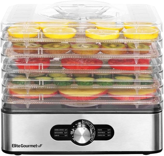Elite Gourmet EFD3321 Food Dehydrator, Stainless Steel Trays & Finish | Adjustable temperature controls - makes jerky, herbs, fruit & veggies into dried snacks - doubles for meat & herb drying too