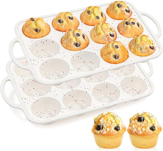 Silicone Muffin Pans for Baking, Metal Reinforced Frame 12 Cups Regular Size Silicone Cupcake Pan Nonstick Muffin Tin for Baking Muffin, Cupcake, Frittatas,BPA Free, Dishwasher Safe