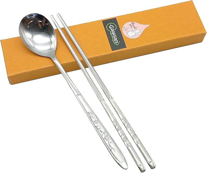 GARASANI Korean Traditional Cutlery Stainless Steel Spoons and Chopsticks Set (Silver Plum blossom)