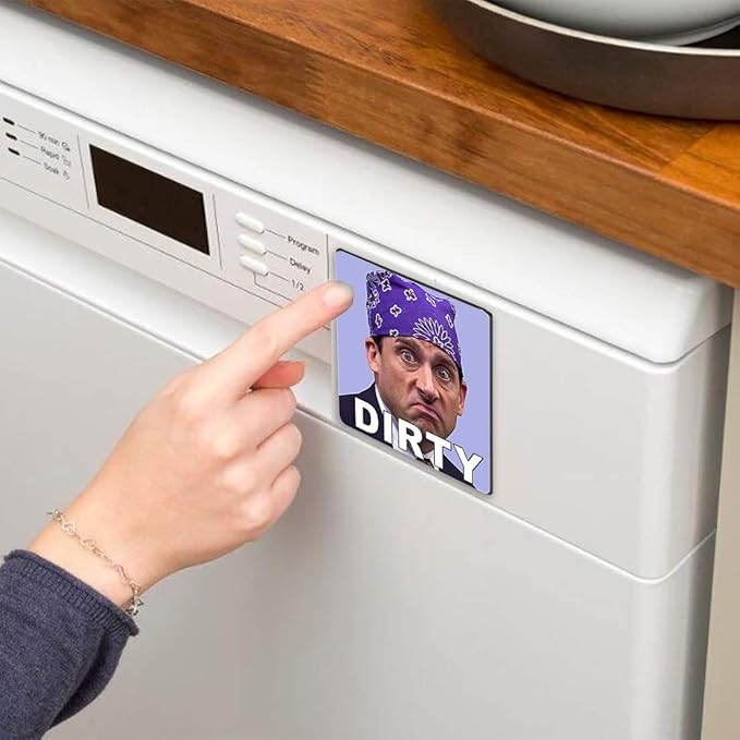 Michael Scott Prison Mike Funny Dishwasher Magnet Clean Dirty Sign Sticker | Strongest Magnet Double Sided Flip with Metal Magnetic Plate Universal Kitchen Dish Washer Reversible Indicator,Non-Scratch