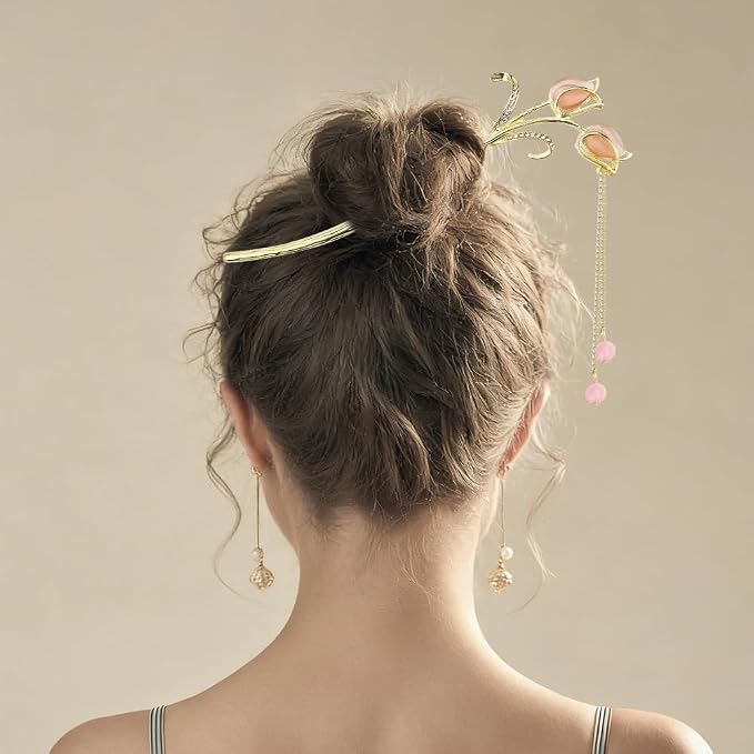 6Pcs Chinese Hair Sticks Set Pink Chinese Hair Sticks with Pearl, Butterfly & Flower Design, Japanese Hair Pin, Traditional Asian Hairpins for Bun Updo