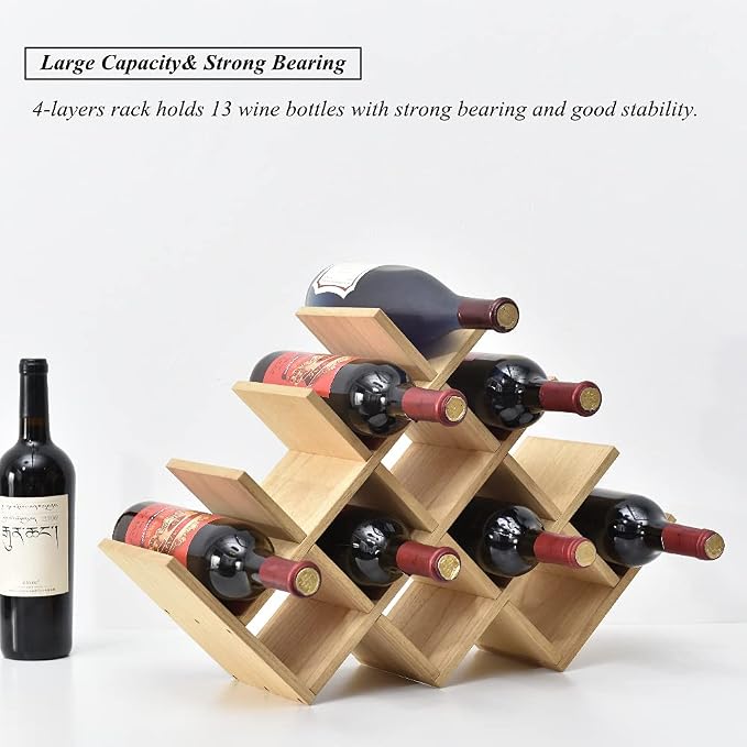 KIRIGEN Wood Wine Rack, 13-Bottle 4-Tier Countertop Holder, Natural, 4-NA | 22.28 x 5.9 x 13.9 In, Freestanding Wooden Rack Stores 13 Wine Bottles for Counters, Cabinets, Pantry Shelves, and Home Bars