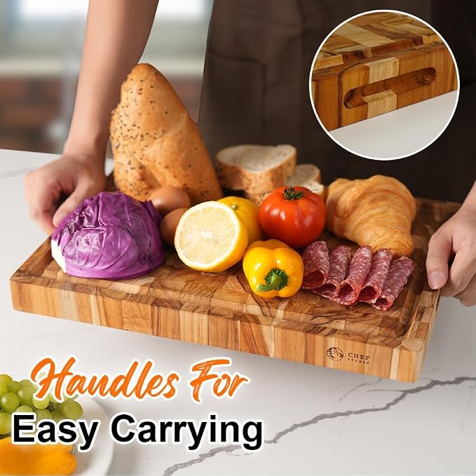 Large Teak Wood Cutting Board, End Grain Butcher Block for Kitchen, Big Wooden Kitchen Christmas, Thanksgiving Gifts for Hostess, Reversible, Hand Grips, Size 15.8x11x1.37 inch