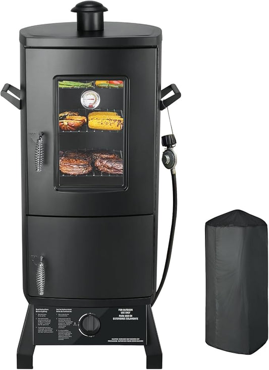 Propane Smoker with Cover, Vertical Meat Gas Smoker Grill Outdoor Heavy Duty 3 Removable Smoking Racks, Black