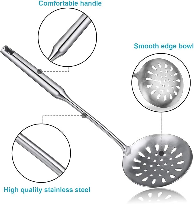 Swify Slotted Spoon Skimmer, Stainless Steel Strainer Ladle With Handle, Asian Wok Skimmer for Kitchen Cooking Deep Fryer, Draining & Frying, 15 inch