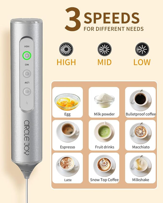 CIRCLE JOY Rechargeable Handheld Milk Frother Wand with 3 Variable Speeds, 3 Whisks and Storage Box, Electric Drink Mixer for Latte, Cappuccino, Hot Chocolate, Eggs and Protein Powder, Silver