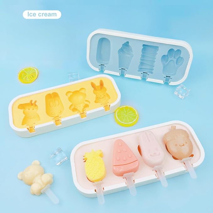 Cartoon Shape Popsicles Molds 3Pcs Cute Ice Cream Mold Maker Easy-Release Homemade Ice Pop Tray Silicone with Lid & Stick (Fruit+Fruit+Fruit)…