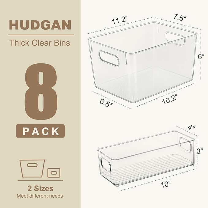 Hudgan Set of 8 Clear Plastic Storage Bins 4 Large and 4 Small Stackable Storage Containers for Pantry Organizers and Kitchen Storage, Cabinet, Freezer, Under Sink Organization