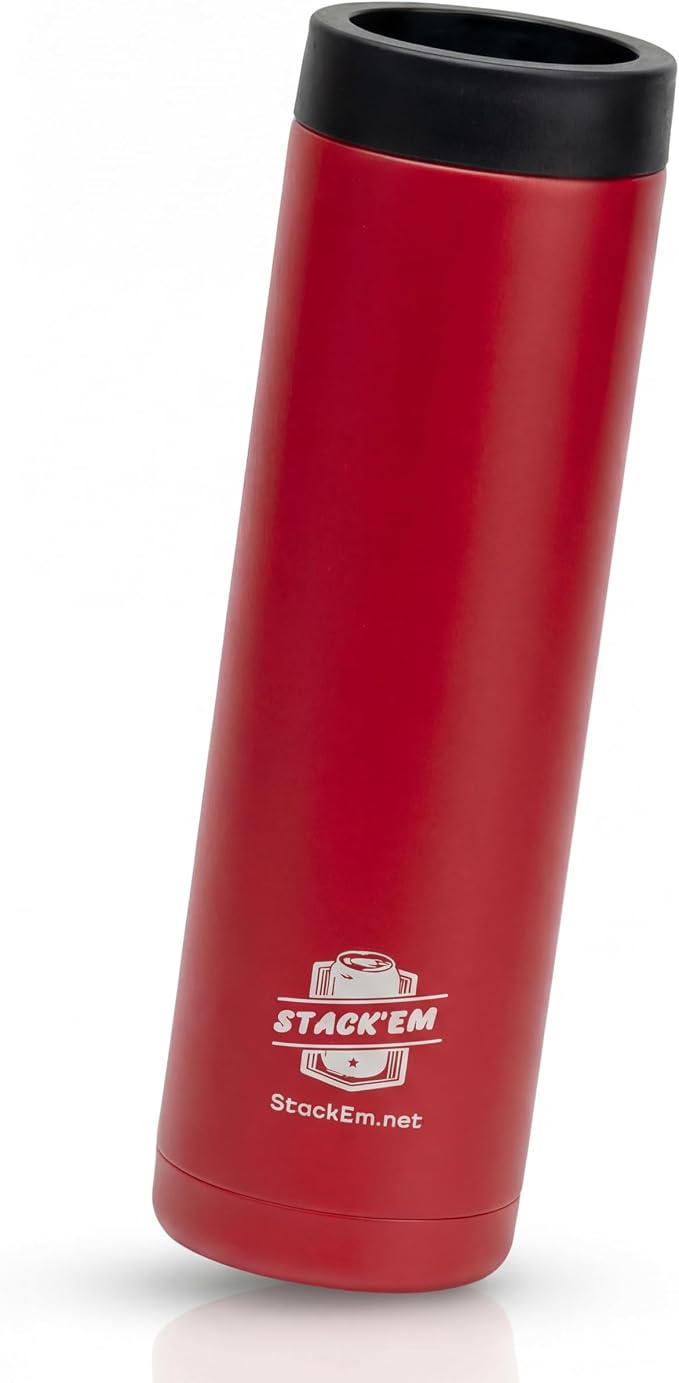 Stack'Em Patented Double Can Cooler Insulator - Holds Two 12 oz Cans - Stainless Steel Stackable Thermocooler - Reusable Drink Holder for Beer, Seltzer, Soda, Energy Drinks Red