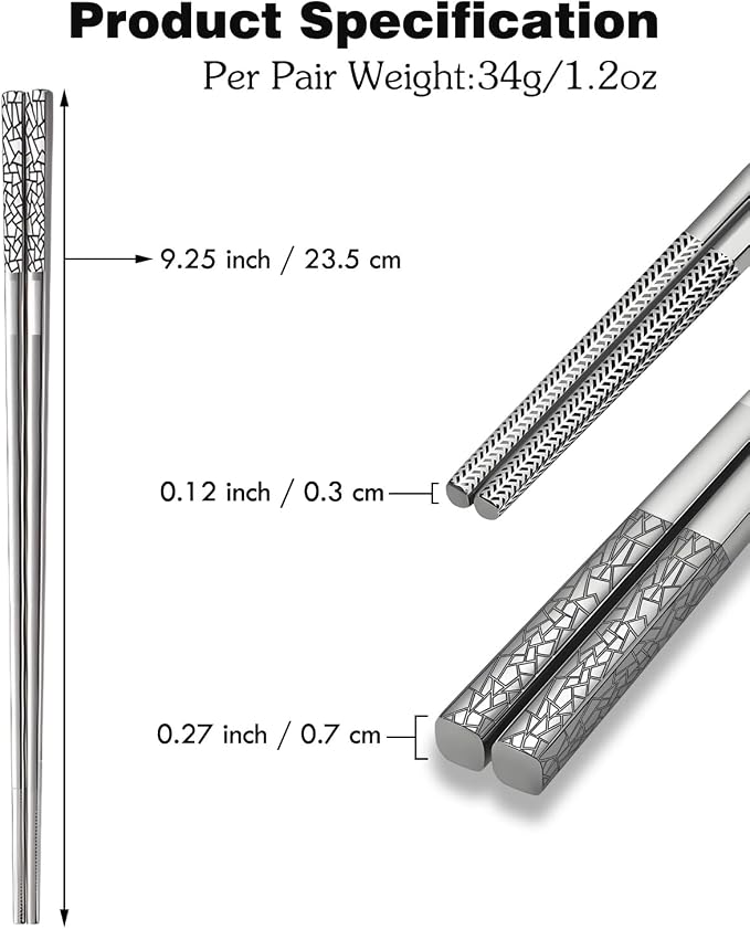 Metal Chopsticks Reusable 5 Pairs,18/8 Stainless Steel Gift set,Broken Ice | Dishwasher Safe,Non-Slip Grip,Good for Beginners,Come in a Gift Box,SUS304 Resistant to Rust,Square,Chop Sticks Silver,9.25''