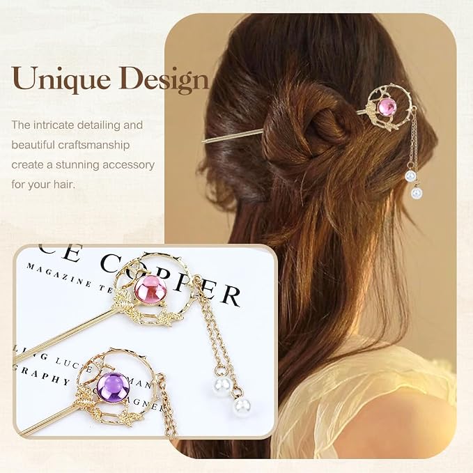 inSowni 8 Pieces Retro Asian Chinese Traditional Hanfu Butterfly Flower Metal Hair Sticks with Pearl Pendants Long Hair Pins Forks Chopsticks Bun Updo Holders for Women Girls