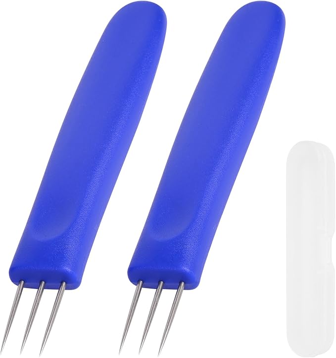 2 Pack 3-Prong Sausage Pricker, Stainless Steel Meat Needle Tool | 3-prong pricks prevent casing burst,Stainless steel, non-slip grip,2-pack for sausage making,Compact storage case included.