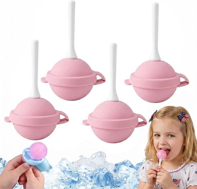 4PCS Reusable Silicone Lollipop Ice Cream Mold, Homemade Popsicle Molds, DIY Creative Ice Pops for Summer, Silicone Popsicle Maker for Juice, Yogurt & Frozen Treats, Fun Dessert Mold (Pink)