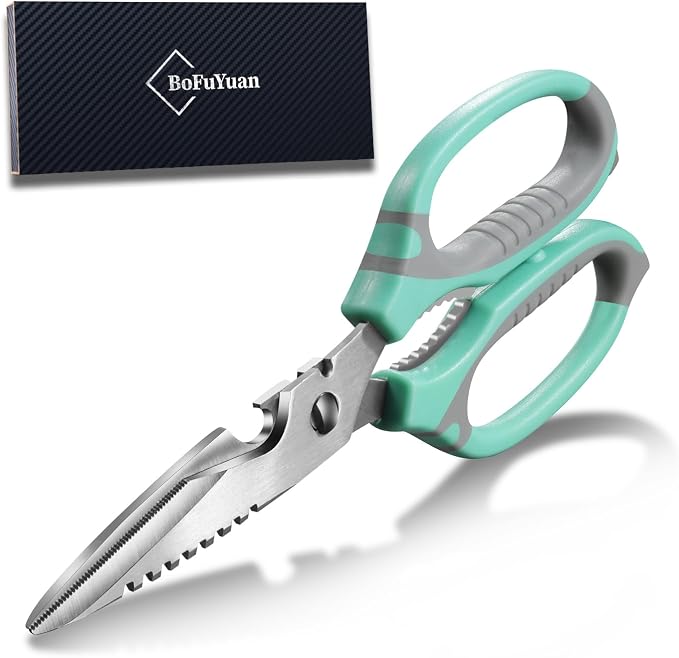 BoFuYuan Detachable Heavy Duty Kitchen Scissors for Food 9-Inch Green | Dishwasher Safe, Sharp Serrated Blade, Multifunctional, Ergonomic Non-Slip Handle, Multipurpose Cooking Food Cutting Shears