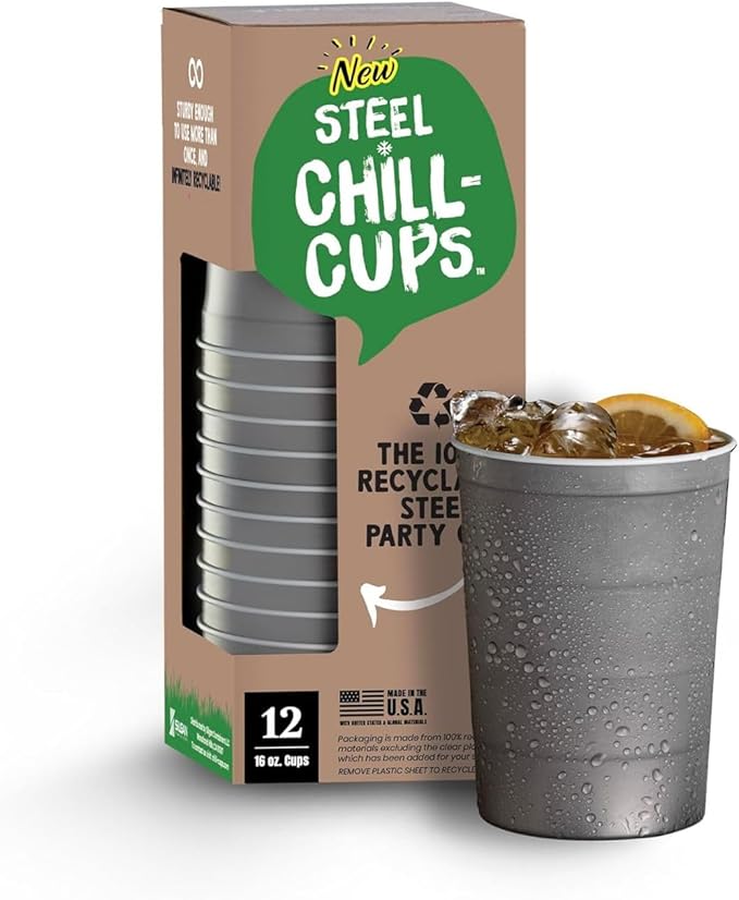 Steel Chill Cups 16 oz. Durable & Reusable Party Cups, Gray, 12 Count