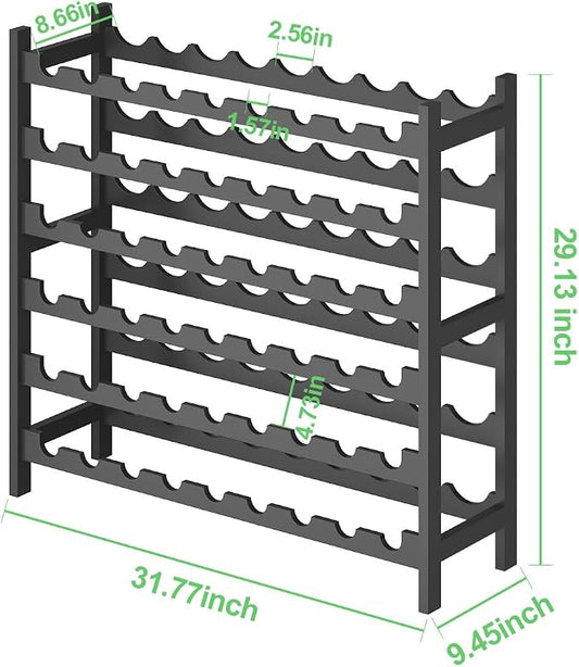 Bamboo Large Wine Rack, 6-Tier Freestanding Floor Bottle Storage Holder | 54-Bottle Storage | Wooden Wine Storage Organizer Shelves for Kitchen Bar, Cellar, & Dining Room | Black | Anti-Tip Kit