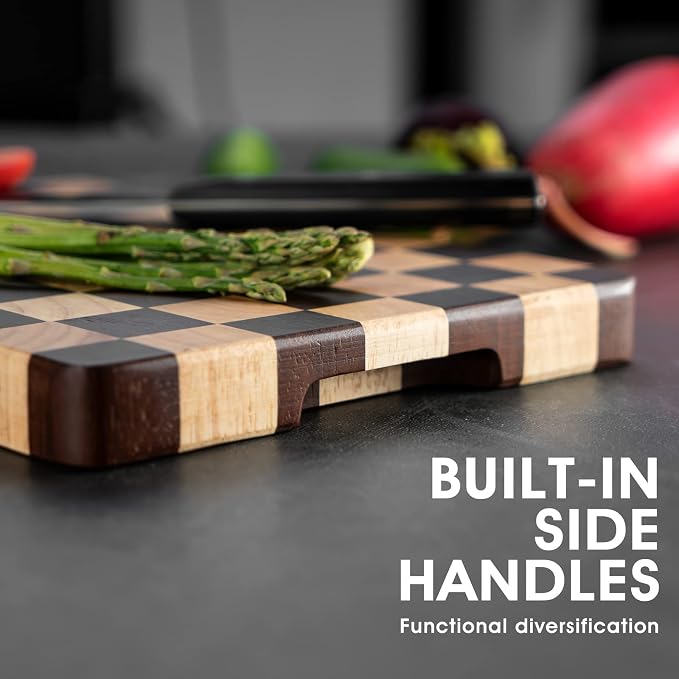 Wood Cutting Board Butcher Block, Wooden Chopping Board with Checkerboard Pattern and Inner Side Handles Meat Cheese Charcuterie Board, Ideal for Chopping, Slicing, and Dicing 15 * 8 inch