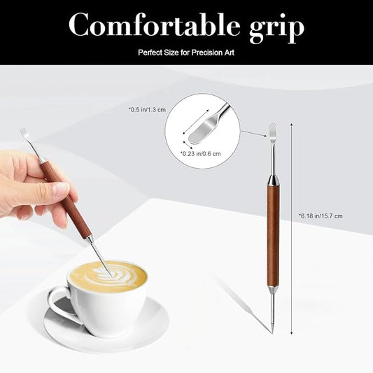 2-Pack Latte Art Pen Set, Stainless Steel Coffee Drawing Tool with Wood Handle, Double-Ended Barista Accessories for Creating Professional Espresso Tools, Home & Travel & Cafe Use