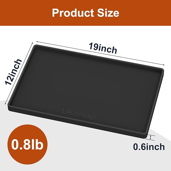 ukeetap 19" x 12" Extra Thick Silicone Mat Waterproof with Raised Edge, BPA Free Non-Slip Dog & Cat Food Mat, Feeding Mat for Food and Water Bowls, Spill Proof Mat to Protect Floors, Black