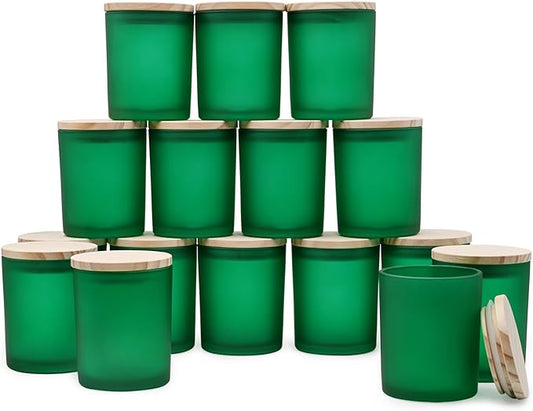 Thick Candle Jars for Making Candles 16 Pcs, 7 OZ Empty Jars with Wood Lids for Candle Making, Sample Container, Frosted Green