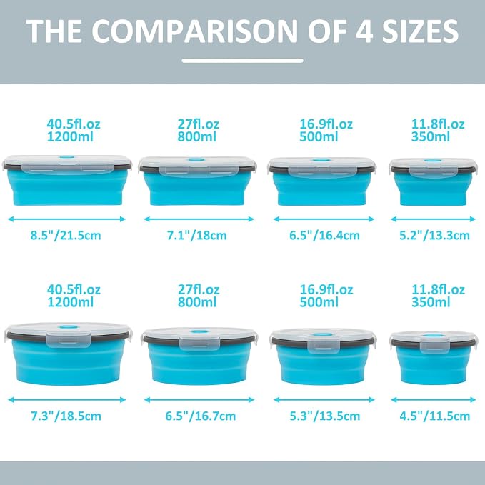 Collapsible Silicone Food Storage Containers Set with Lid & Air Vent, Foldable Lunch Containers, 8 Pack (4 Rectangular + 4 Round Bowls), BPA-Free, Space-Saving
