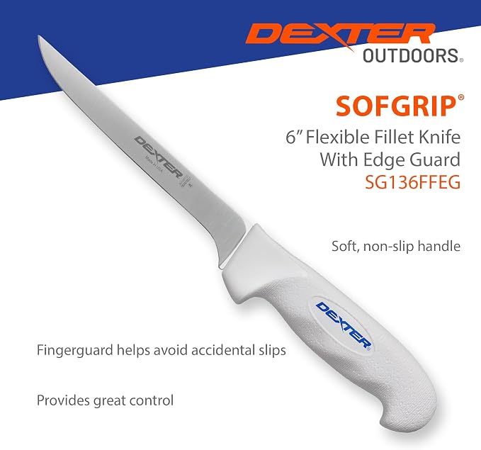 Dexter Outdoors SOFGRIP 6" Fillet Knife with Edge Guard, Stainless | High-carbon American stainless blade sized for panfish. Corrosion resistant with soft non-slip grip, edge guard included.