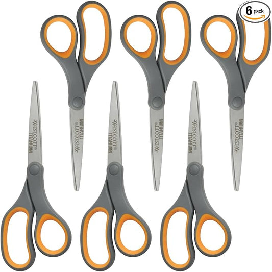 Westcott Titanium Bonded Scissors, Soft Handle, 8", Straight, Gray/Yellow, 6-Pack