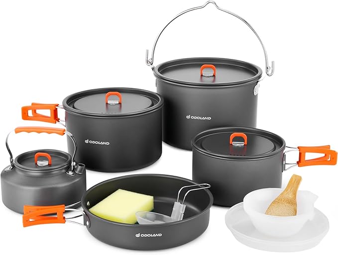 Odoland 18pcs Camping Cookware Large Size Hanging Pot Pan Kettle Set with Plastic Plates Bowls Soup Spoon for Camping, Backpacking, Outdoor Cooking and Picnic
