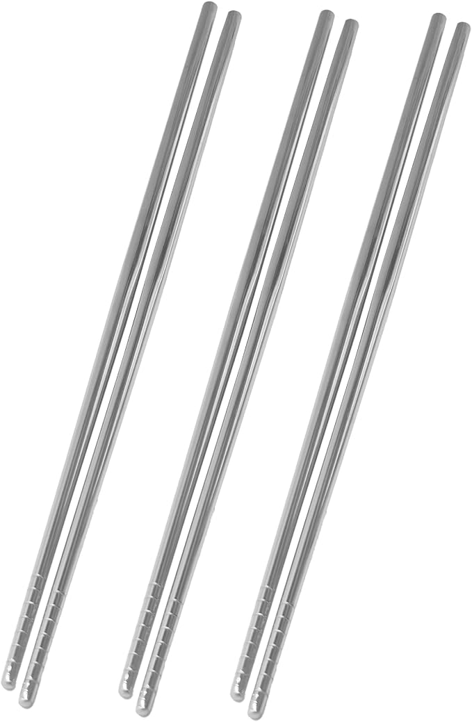 3 Pairs Extra Long 14.17 Inch Stainless Steel Cooking Chopsticks, Reusable Metal Chopsticks with Non-Slip Threaded Design for Hot Pot, Frying, Noodle, Barbecue, Dishwasher Safe, Silver