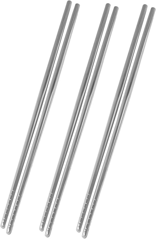 3 Pairs Extra Long 14.17 Inch Stainless Steel Cooking Chopsticks, Reusable Metal Chopsticks with Non-Slip Threaded Design for Hot Pot, Frying, Noodle, Barbecue, Dishwasher Safe, Silver